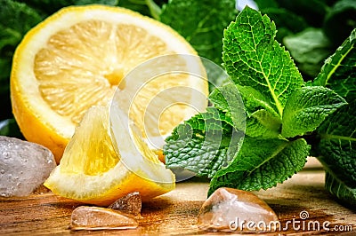 Fresh lemon, mint and ice Stock Photo