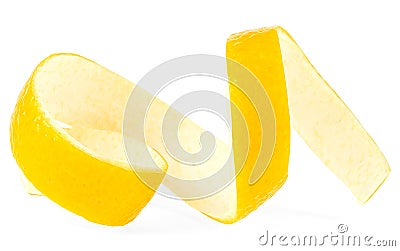 Fresh lemon skin or lemon zest isolated on white background. Citrus twist peel Stock Photo
