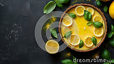 Fresh lemon tart decorated with vibrant basil leaves, citrus zest, on a textured dark background Stock Photo