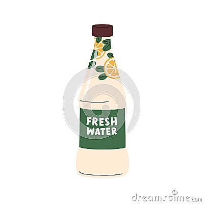 Fresh lemon water in bottle. Detox lemonade, infused natural drink. Citrus fruit refreshing beverage. Healthy organic Vector Illustration