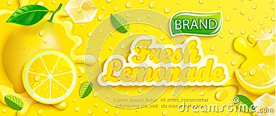Fresh lemonade banner with lemon, splash, banner with apteitic drops Vector Illustration
