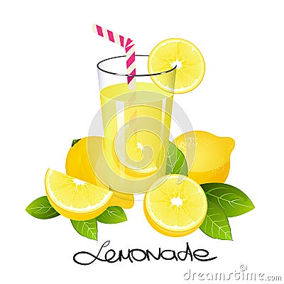 Fresh lemonade with lemon fruit slice. Realistic juicy citrus with leaves vector illustration Vector Illustration