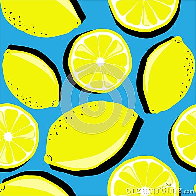 Fresh lemons, decorative colorful background. Seamless pattern with citrus fruits Vector Illustration