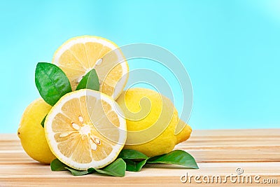 Fresh lemons gruop on wooden table Stock Photo