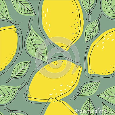 Ripe lemons and leaves, colorful background. Seamless pattern with citrus fruits Vector Illustration