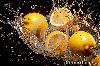 Fresh lemons with water splash. Citrus fruit generative AI Stock Photo