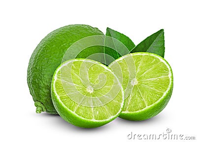 Fresh lime and lemon with green leaf isolated on a white background Stock Photo