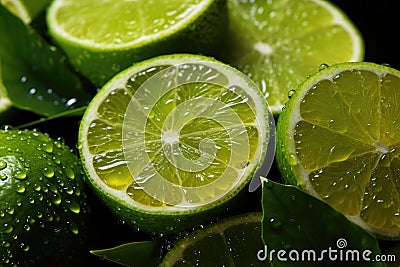 Fresh limes with water droplets on a dark background, highlighting their vibrant green color and juicy texture Stock Photo