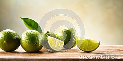 Fresh Limes on a Wooden Table. Citrous Freshness. Green Sour Fruits. Generative AI Stock Photo