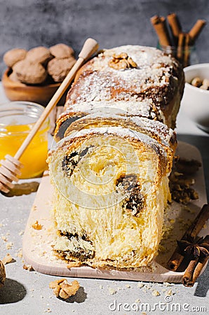 Fresh Loaf with Walnut Cinnamon Filling, Traditional Bakery Stock Photo