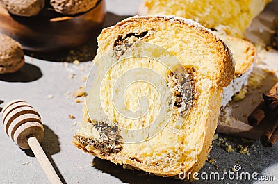Fresh Loaf with Walnut Cinnamon Filling, Traditional Bakery Stock Photo