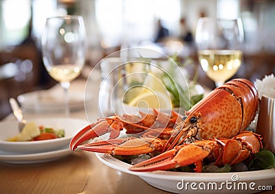 Fresh lobster meal with champagne in fine dining restaurant.Macro.AI Generative Stock Photo