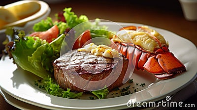 Steamed Lobster Tail in Melting Butter and Steak with Sautéed Vegetables Dish - Generative AI Stock Photo