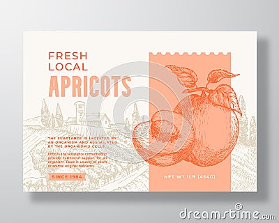 Fresh Local Apricot Food Label Template. Abstract Vector Packaging Design Layout. Modern Typography Banner with Hand Vector Illustration