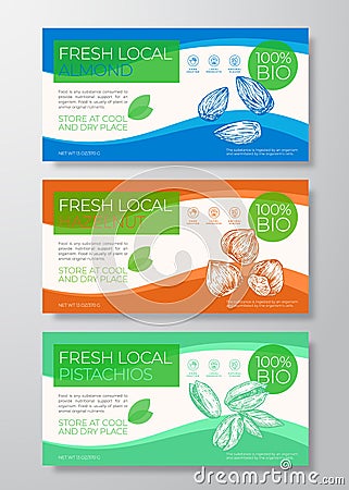 Fresh Local Nuts Label Templates Set. Abstract Vector Packaging Horizontal Design Layouts Collection. Modern Typography Vector Illustration