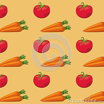 Fresh local vegetables carrots and tomatoes in orange background Vector Illustration