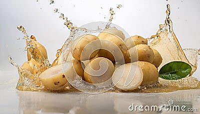 Fresh Longkong a few slices and a splash of Fresh Longkong juice form a dynamic image against a white background Stock Photo