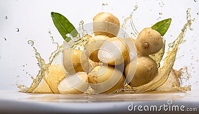 Fresh Longkong a few slices and a splash of Fresh Longkong juice form a dynamic image against a white background Stock Photo