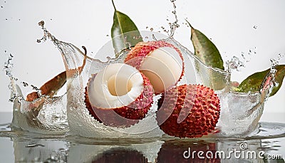 Fresh lychee a few slices and a splash of Fresh lychee juice form a dynamic image against a white background Stock Photo