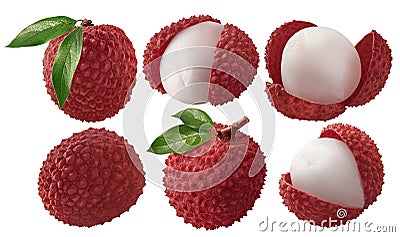 Fresh lychee with leaves set isolated on white background Stock Photo