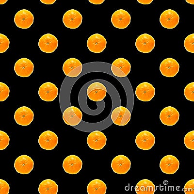 Fresh mandarine Seamles pattern. Ripe fruit tangerines seamless pattern. Fresh citrus isolated on bleck background pattern. Flat Stock Photo