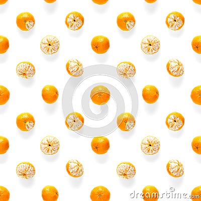 Fresh mandarine Seamles pattern. Ripe fruit tangerines seamless pattern. Fresh citrus isolated on white background pattern. Flat Stock Photo