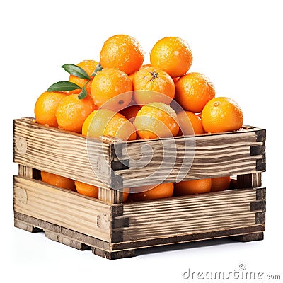 Fresh Mandarins in a Wooden Crate Isolated on White. Generative ai Cartoon Illustration