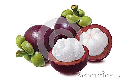 Fresh mangosteen. Whole and halves isolated on white background Stock Photo