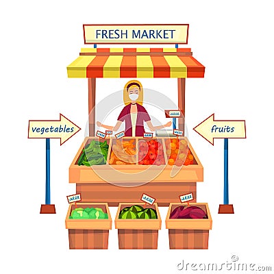 Fresh Market, Local Market, Healthy Food Concept. Female Chracter In Medical Protective Mask Selling Fresh Fruits And Vector Illustration