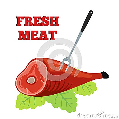 Fresh meat label. Pork, ham with barbecue fork. Flat style. Vector Illustration
