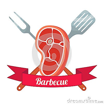 Fresh meat label. Pork, ham, barbecue fork, spatula. Flat style Vector Illustration