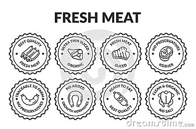 Fresh meat monochrome circle stickers badges set line art vector illustration. Butchery food product Vector Illustration