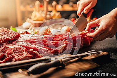 Fresh meat preparation and portioning.Whole uncut beef tenderloin.Raw meat seasoning. Cutting up filet mignon steaks. Spices and Stock Photo