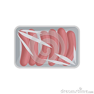 Fresh meat sausages packaging, food plastic tray container with transparent cellophane cover vector Illustration on a Vector Illustration