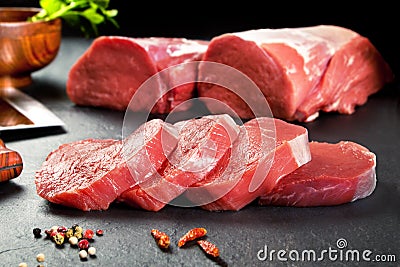 Fresh meat and sirloin steaks cruda.Medallones ready to cook. Stock Photo