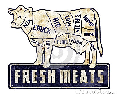 Fresh Meats Beef Cuts Sign Vintage Grunge Retro Butcher Shop Stock Photo