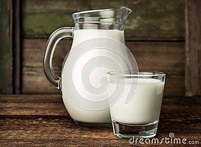 Fresh milk in glass jug and glass Stock Photo