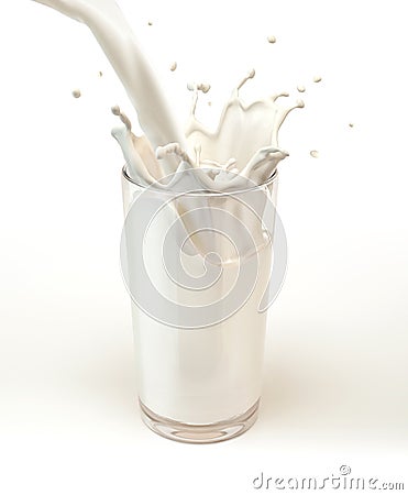 Fresh milk pouring into a glass with splash. Stock Photo