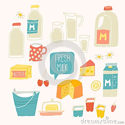 Fresh milk set. Dairy products - milk, yogurt, cheese, butter, milkshake. Vector Illustration