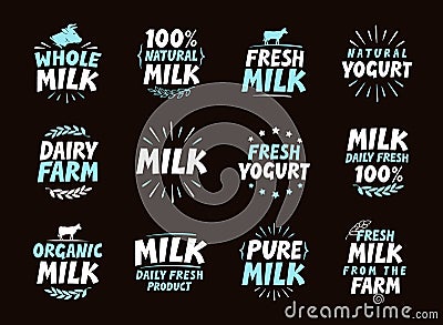 Fresh milk set logo, label, element. Dairy product emblem, template, symbol. Vector Illustration