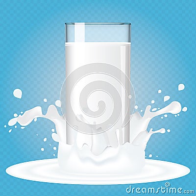 Fresh milk transparent glass in milk splashes. Realistic Vector illustration Vector Illustration