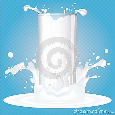 Fresh milk transparent glass in milk splashes. Realistic Vector illustration Vector Illustration