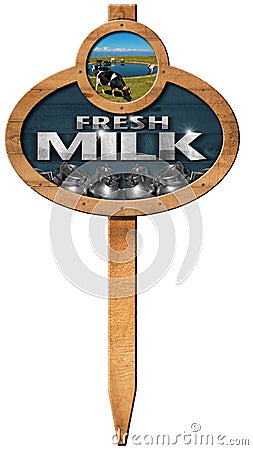 Fresh Milk - Wooden Sign with Pole Stock Photo