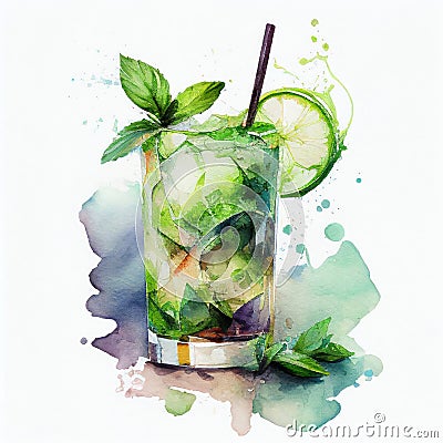 Mohito in watercolor style by Generative AI Stock Photo