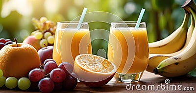 Fresh Morning Breakfast with Fruits and Juice Stock Photo