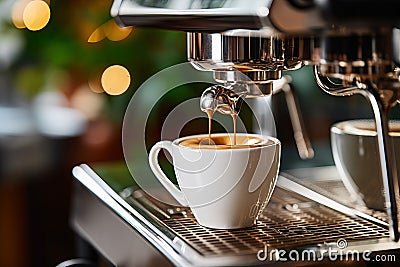 Fresh Morning Coffee Brewing into White Cup from Professional Machine, Boost for Start of Day Stock Photo