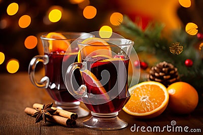 Fresh mulled wine on a wooden table on a backdrop of Christmas lights. Traditional hot Christmas drink served with spices and Stock Photo
