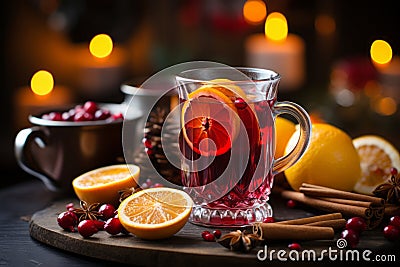 Fresh mulled wine on a wooden table on a backdrop of Christmas lights. Traditional hot Christmas drink served with spices and Stock Photo