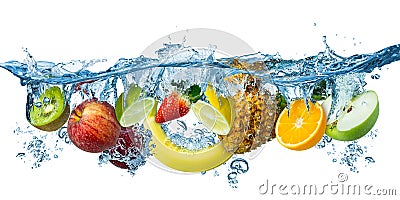 Fresh multi fruits splashing into blue clear water splash healthy food diet freshness concept isolated white background Stock Photo