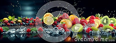 Fresh multi fruits splashing clean water. Stock Photo